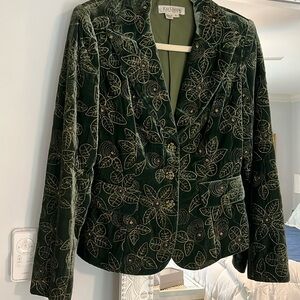 Vintage look Kay Unger velvet blazer in a deep rich green with gold design.